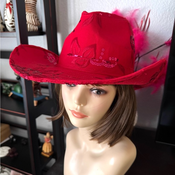 Red Sequined Rose Embroidered Cowboy Hat - Picture 8 of 11